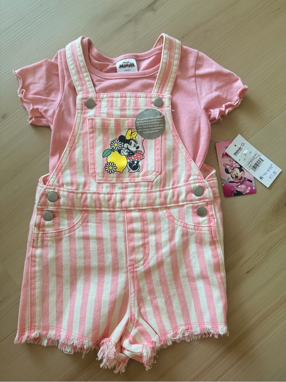 Disney Pink and White Striped Minnie Overalls with Pink Tee